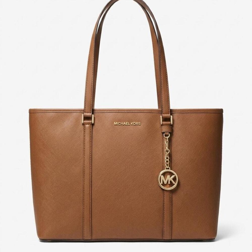 Michael Kors Saffiano Leather Jet Set Travel Tote Laptop Bag Tan